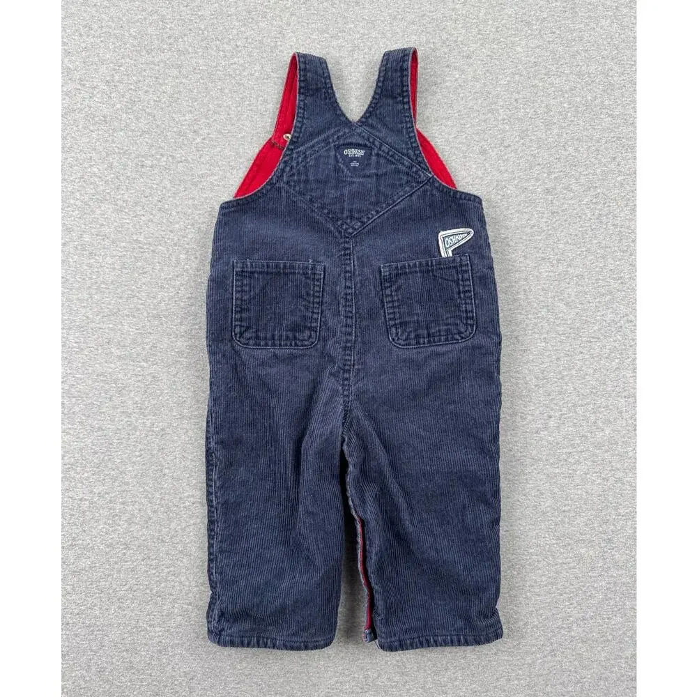 Vintage OshKosh Baby Corduroy Overalls 6/9 Months Navy Blue Owl Moose Patch